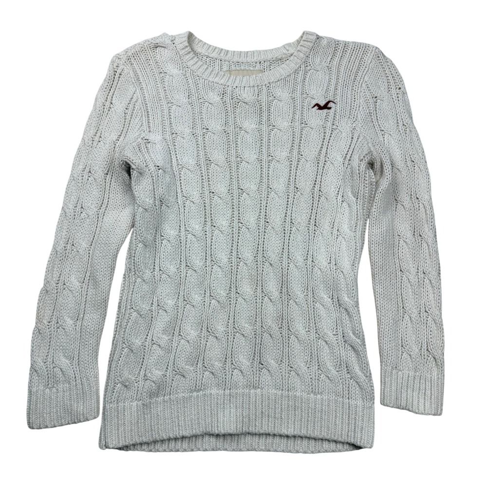 VTG Y2K Hollister Cable Knit Sweater Cream White Long Sleeve Crew Neck Small